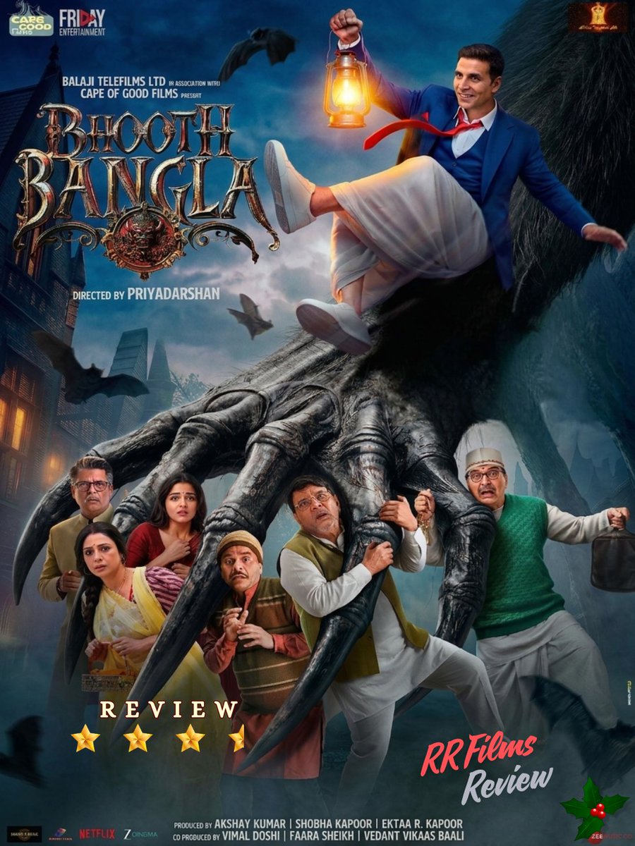 RRFilmsNews's tweet photo. #BhoothBanglaReview 
⭐⭐⭐½
Horror + comedy ka solid mix! First half funny, second half darker with twists. #AkshayKumar in top form  #PareshRawal &amp; #RajpalYadav steal the show
Thodi tight editing aur better writing hoti toh aur strong hoti Still paisa vasool for laughs &amp; chills https://t.co/dX8UPRZIaH