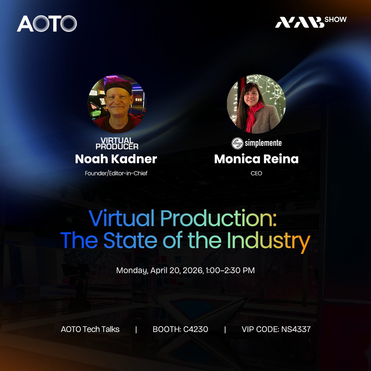 AOTOElectronics's tweet image. VP is no longer a future concept. It’s here. But where’s it headed?

Noah Kadner &amp;amp; Monica Reina discuss the current state and future of virtual production.

📍 Booth C4230
🗓 April 20 | 1:00 PM – 2:30 PM
More: en.aoto.com/event/nab-show…
#AOTO #NABShow2026 #VirtualProduction #XR