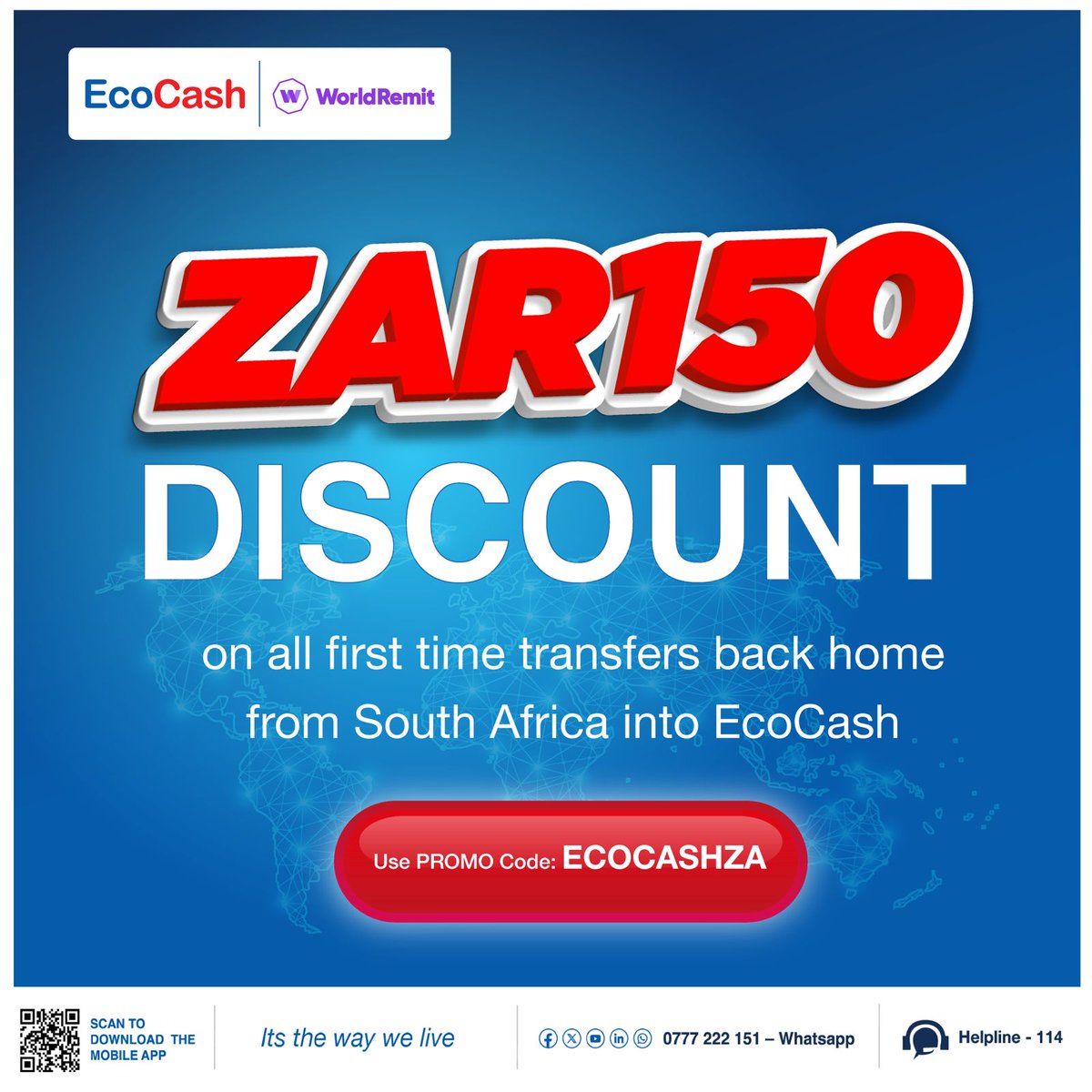 NehandaRadio's tweet photo. Mzansi to Zim just got easier!
Get ZAR150 OFF your first transfer to EcoCash.
Use code ECOCASHZA and send today.
https://t.co/Yzi23YRtIN
#MzansiToZim #SendWithEcoCash #EcoCash https://t.co/FgvAkZWklJ