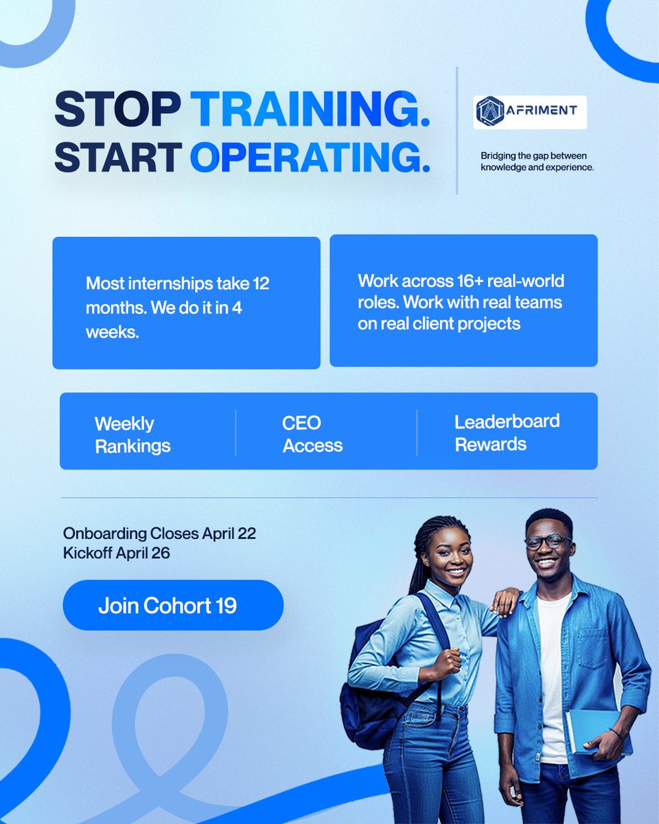 AFRIMENT's tweet photo. Stop learning, Start doing.

4 weeks
Real projects
Real experience.

If you’re tired of just watching tutorials, this is your sign.

Apply here 👇
https://t.co/9KjgLLsVHu https://t.co/fCZYPG5EuL