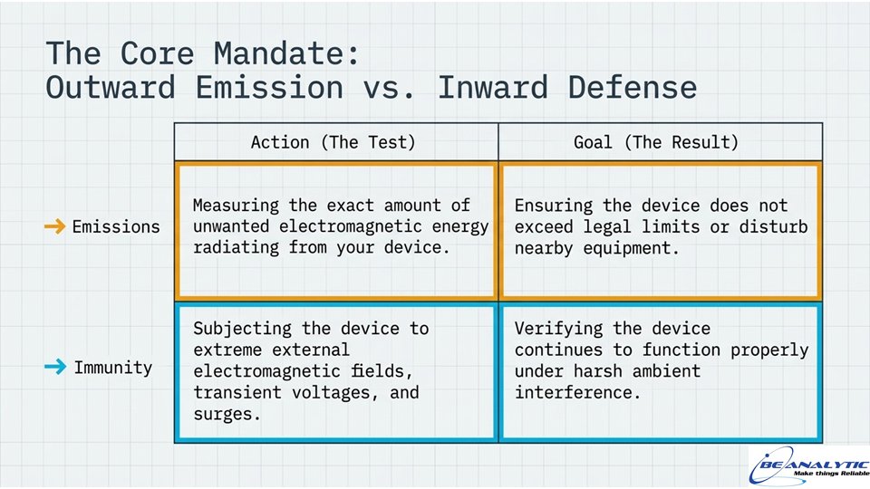 beanalyticsol's tweet image. Core Mandate: Outward Emission vs. Inward Defense
Emissions → Measure &amp;amp; limit what your device radiates outward. Immunity → Verify your device survives extreme external fields, surges &amp;amp; ESD.
Two different tests. One shared goal: reliable operation.
#EMI #EMC #ComplianceTesting