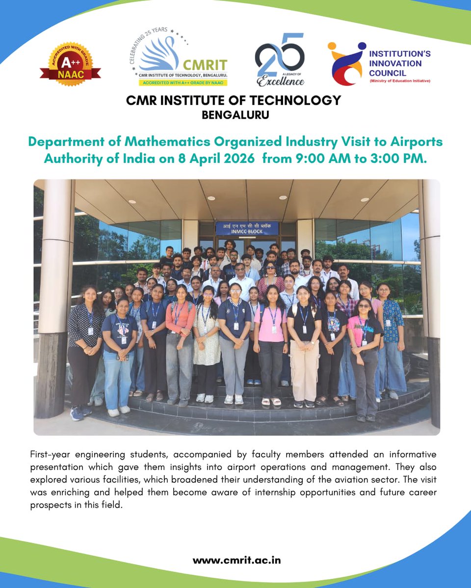 CMRIT_Bengaluru's tweet image. IIC-CMRIT in collaboration with the Department of Mathematics organized an Industrial Visit to Airports Authority of India on 08th April 2026.

@mhrd_innovation

#cmritbengaluru #cmrit #IIC_CMRIT #mhrd #airportauthorityofindia