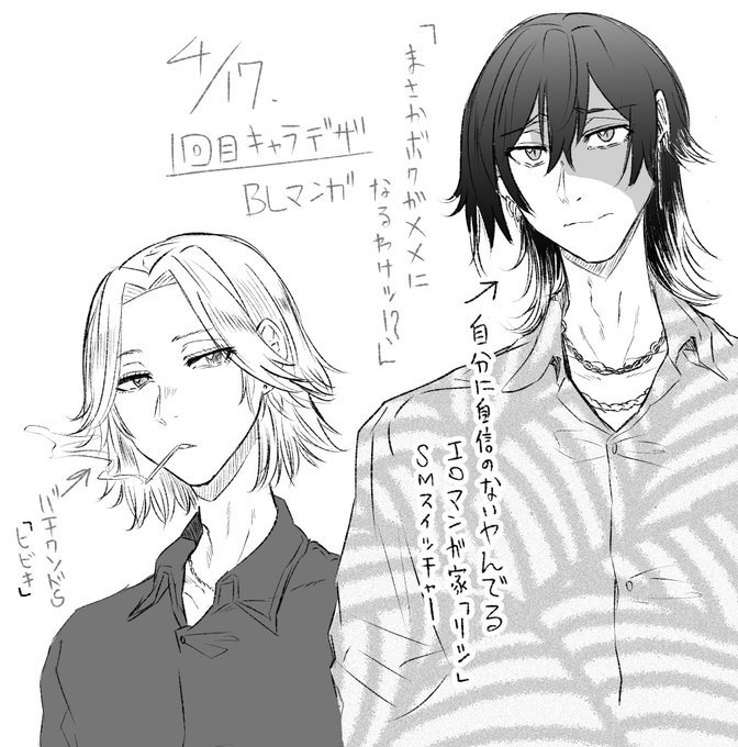 ネーム執筆中のハードコアBLマンガの
キャラデザ 