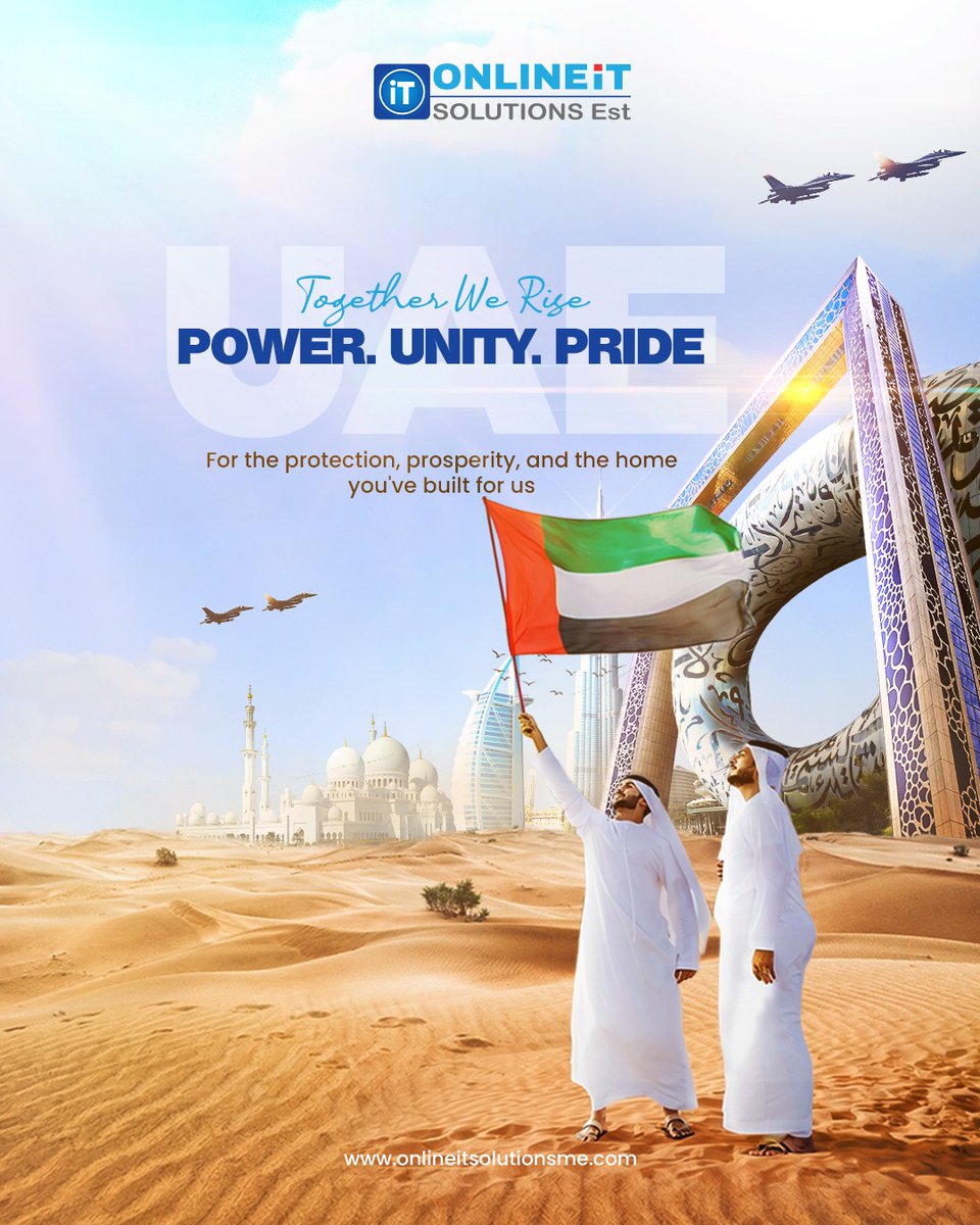 OnlineITUAE's tweet photo. A call of unity, strength, and pride standing together to protect the people who call the UAE home through challenging times.

#UAE #Unity #Strength #TogetherWeStand #Protection #SafetyFirst #NationalPride #Resilience #Solidarity #StrongerTogether #OnlineITSolutions https://t.co/4GRRsDMY5y