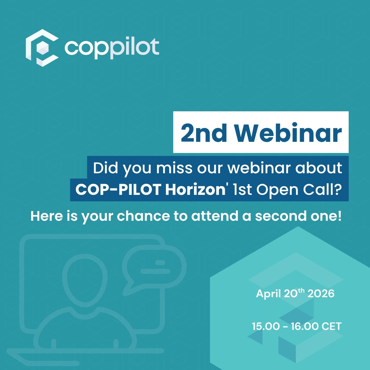 vlcinnovation's tweet image. 📣 Webinar para explicar la #OpenCall de COP-PILOT
Este lunes, 15:00 h.: proceso de solicitud, financiación (hasta 200.000 €) y programa de mentoría.
Incluye Q&amp;amp;A en directo.
🗓️ Inscríbete: us06web.zoom.us/webinar/regist…
🔗 cop-pilot.eu
#COPPILOT #Innovación @vlciconnect