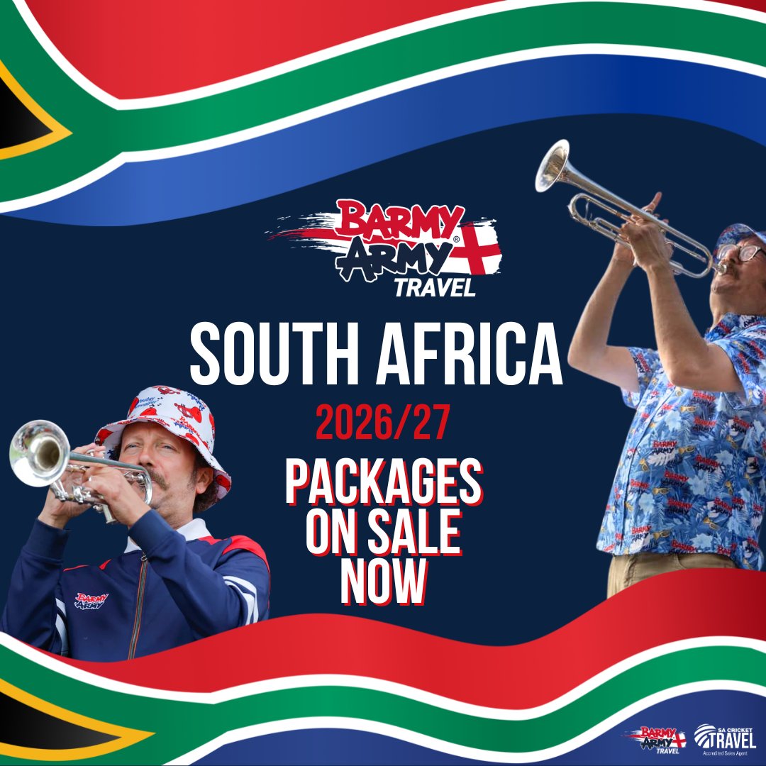 TheBarmyArmy's tweet photo. 🚨 SOUTH AFRICA TRAVEL PACKAGES OUT NOW 🚨

Our Barmy Army Travel packages for England's tour of South Africa are now on general sale ✈️🇿🇦

🏏 We expect demand to be extremely high, so don't miss out on your bucket list trip!

Book a package ➡️ https://t.co/LUa5ViFo3J https://t.co/6u8lDr44bF