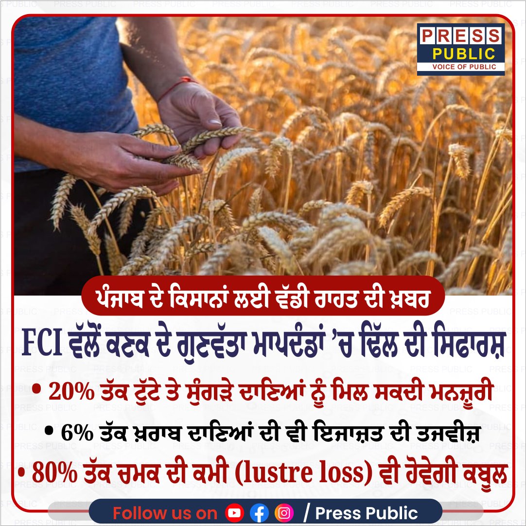 dailypresspubl1's tweet image. ਪੰਜਾਬ ਦੇ ਕਿਸਾਨਾਂ ਲਈ ਵੱਡੀ ਰਾਹਤ ਦੀ ਖ਼ਬਰ

👉 20% ਤੱਕ ਟੁੱਟੇ ਤੇ ਸੁੰਗੜੇ ਦਾਣਿਆਂ ਨੂੰ ਮਿਲ ਸਕਦੀ ਮਨਜ਼ੂਰੀ
👉 80% ਤੱਕ ਚਮਕ ਦੀ ਕਮੀ (lustre loss) ਵੀ ਹੋਵੇਗੀ ਕਬੂਲ ⚠️
👉 6% ਤੱਕ ਖ਼ਰਾਬ ਦਾਣਿਆਂ ਦੀ ਵੀ ਇਜਾਜ਼ਤ ਦੀ ਤਜਵੀਜ਼
#PunjabFarmers #FCI #WheatProcurement #FarmerNews #PunjabNews #BreakingNews #Kisan