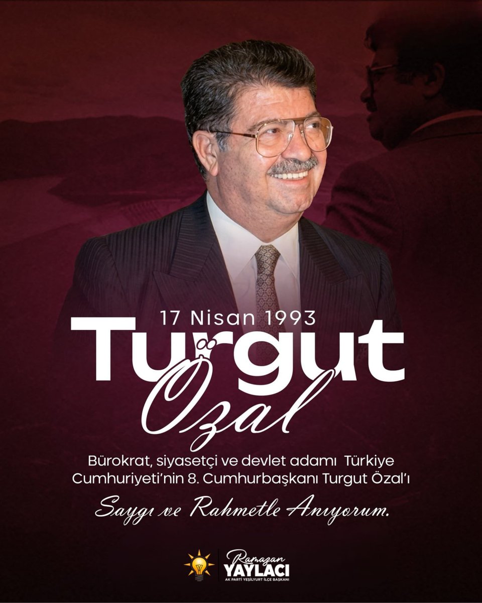 Türkiye Cumhuriyeti’nin 8. Cumhurbaşkanı, hemşehrimiz merhum #TurgutÖzal’ı vefatının yıl dönümünde rahmet, minnet ve saygıyla yâd ediyorum.

Ruhu şad, mekânı cennet olsun. 🇹🇷