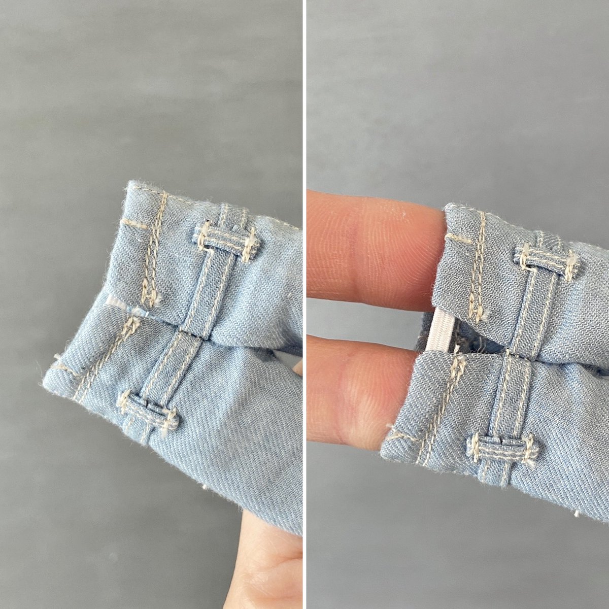 試してみたのはこちらの方法。
ウエスト後ろ部分にだけ、隠しゴムを入れてみました。
細い子が履くとゴムは見えませんが、腰回りがむっちりめの子が履くと、ゴムが伸びで広がります。
前には入っていないのでギャザーが寄って厚みが出ることもありません💪
1/8共用サイズとして作ってみようかな🤔