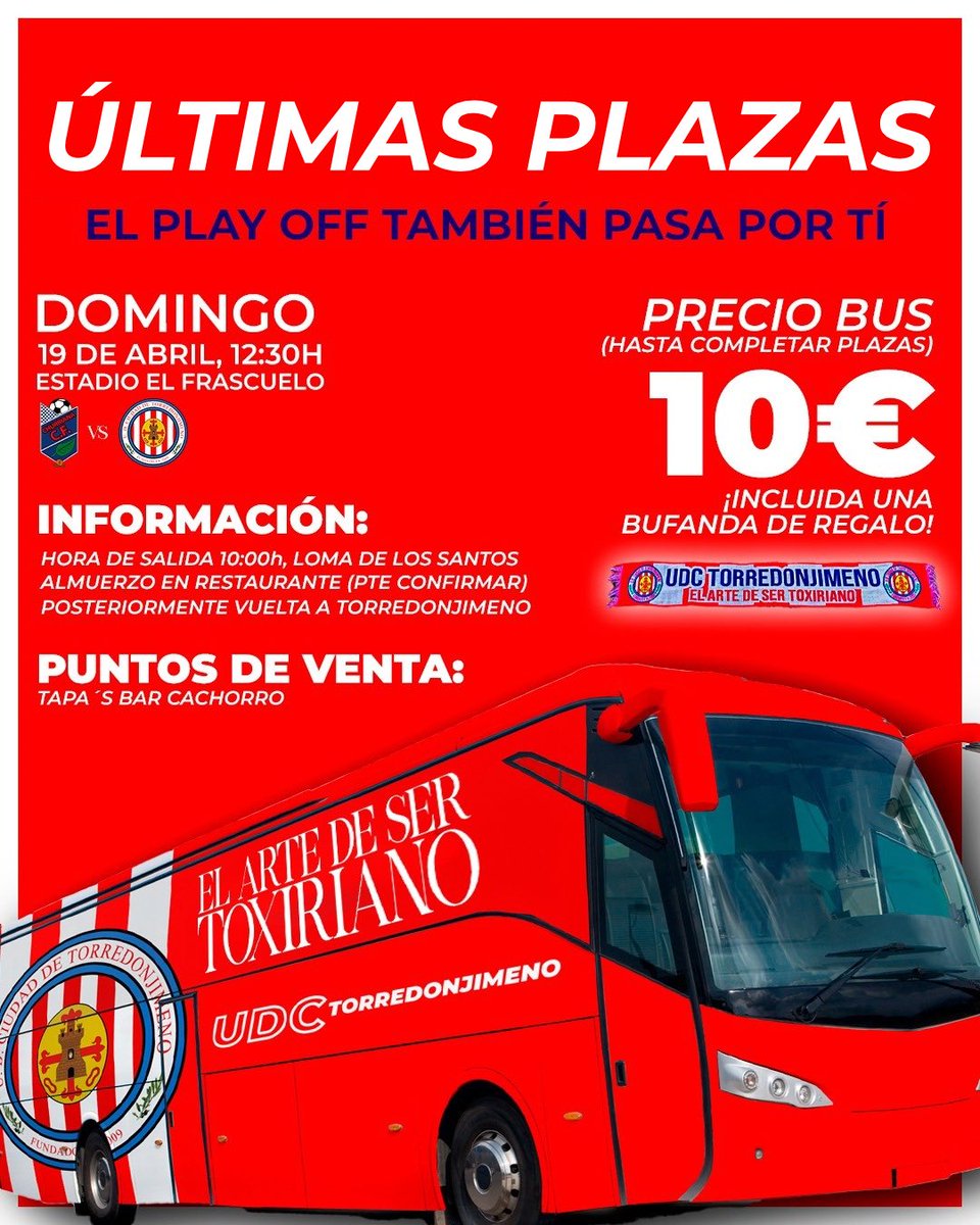 Últimas plazas para el autobús a Churriana!‼️

No te quedes sin la tuya, el play off pasa por TI 🫵

#VamosUDCT #ElArteDeSerToxriano #ElPlayoffPasaPorTi