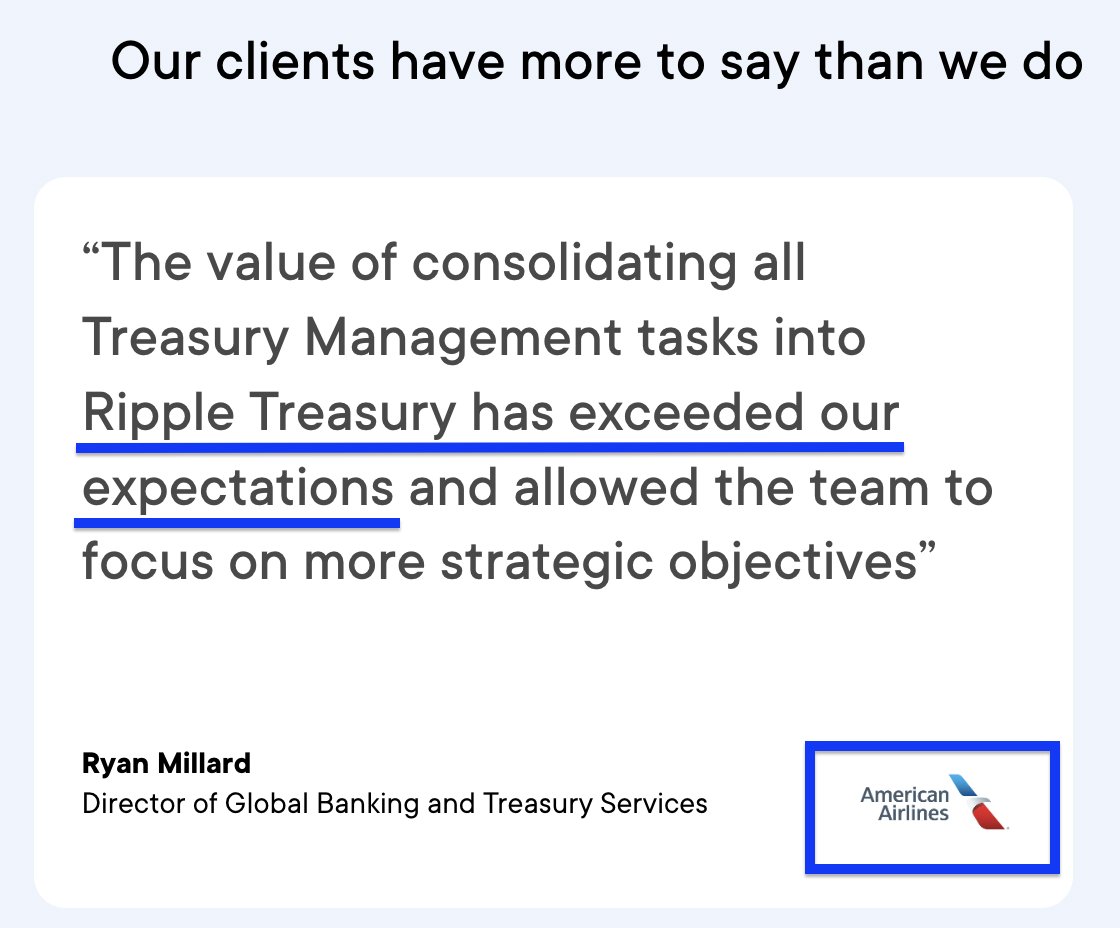 ChartNerdTA's tweet photo. ✈️ American Airlines approve #Ripple Treasury and note that the platform "exceeds expectations" when it comes to management. A1 grade infra! 🇺🇸 https://t.co/YRGRGs2mdH