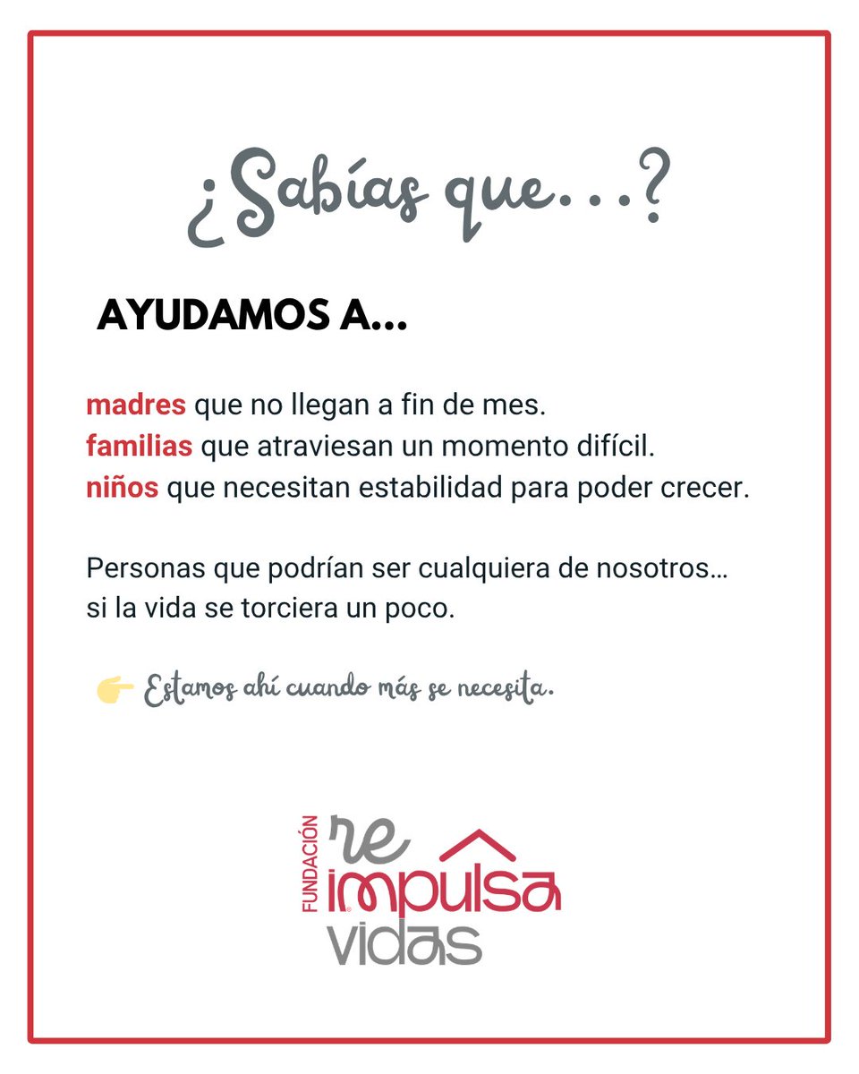 reimpulsavidas's tweet photo. ¿A quién ayudamos?

A madres valientes, familias en crisis y niños que solo buscan estabilidad.
Personas que podrían ser cualquiera de nosotros si la vida se torciera un poco.
No hace falta caer lejos para necesitar apoyo.
Estamos ahí cuando más importa. ❤️

#ReimpulsaVidas https://t.co/9SwOQ7P0kc