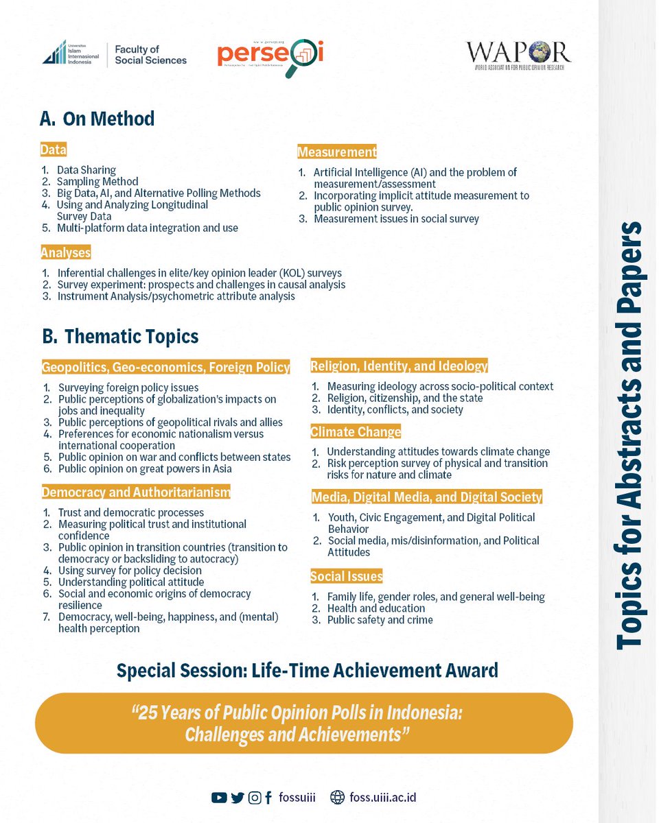fossuiii's tweet photo. Abstract submission deadline for the 2026 WAPOR Asia Pacific Annual Conference has been extended to 5 June 2026. Join us in Jakarta on 27 to 29 July 2026. Submit now: https://t.co/DNTu8D7Fei

#WAPOR2026 #CallForPapers https://t.co/kbAhk4leXD