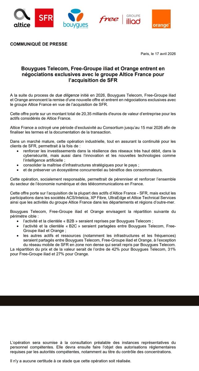 🟥 Peut être le dernier acte des négociations pour le rachat de SFR (paru ce matin) 👀
