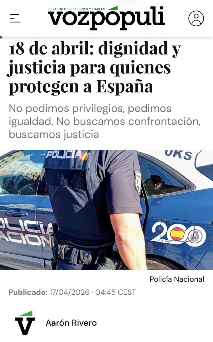 18 de abril: dignidad y justicia para quienes protegen a España, Aarón Rivero, secretario general de JUPOL para <a href="/voz_populi/">Vozpópuli</a>

“No pedimos privilegios, pedimos igualdad. No buscamos confrontación, buscamos justicia”

📍Mañana sábado, 12:00h Puerta del Sol, Madrid. #18AMadrid

💪Por