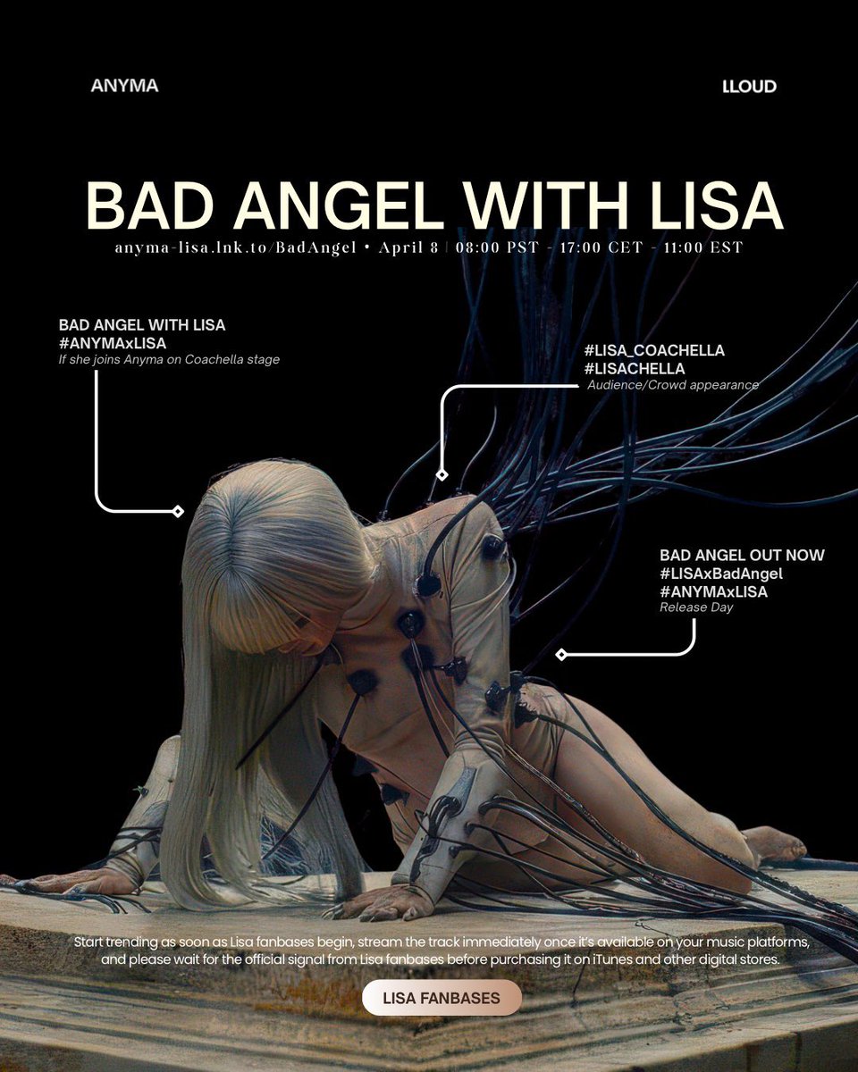 [UPCOMING SCHEDULE] 🇵🇭 For Philippines Timezone

🏝️ ANYMA Coachella Stage Weekend 2
April 18 (Sat) - 3PM PHT
*in case Anyma plays Bad Angel and Lisa appears on stage or in the audience

🎥 Stream link: youtube.com/live/xIiSaqq10…

#LISAxBadAngel
#ANYMAxLISA