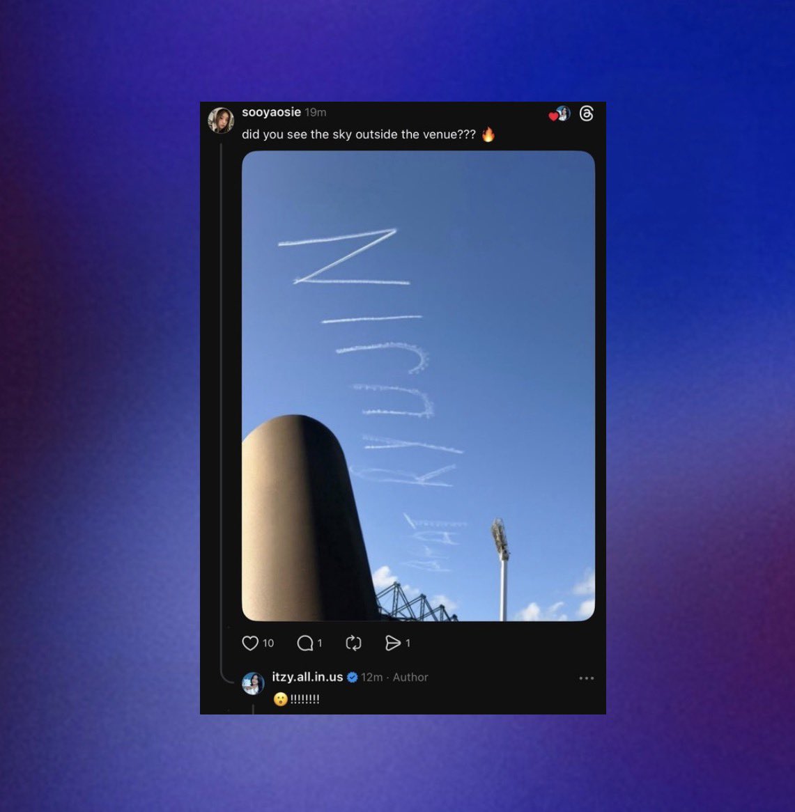 ITZY’s Ryujin reacts to the recent sky writing spotted reading “GOAT RYUJIN” via Threads:

“😮!!!!!!!”