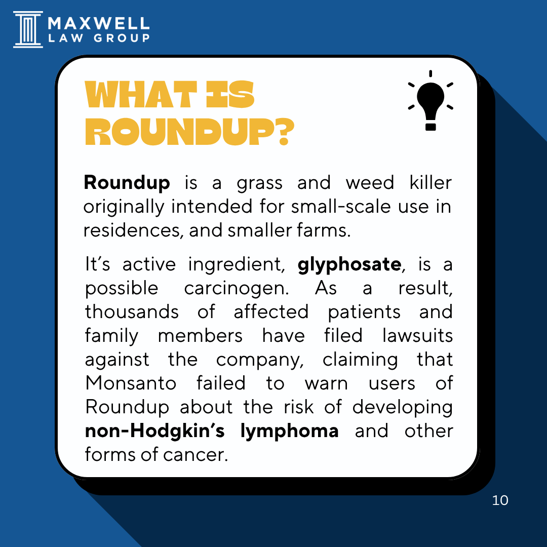 MaxwellLawGroup's tweet photo. Roundup is linked to rising lawsuits over potential cancer risks. Its main ingredient, glyphosate, is considered by some to be a possible carcinogen. For more information, contact Maxwell Law Group: (844) 525-7155. https://t.co/tCzgNpXVqN