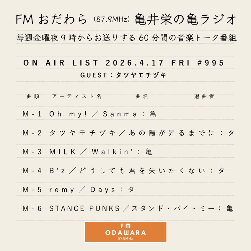 ON AIR LIST 2026.4.17 FRI #995
GUEST：タツヤモチヅキ
M-1 Oh my!／Sanma：亀M-2 タツヤモチヅキ／あの陽が昇るまでに：タM-3 MILK／Walkin'：亀M-4 B'z／どうしても君を失いたくない：タM-5 remy／Days：タM-6 STANCE PUNKS／スタンド・バイ・ミー：亀