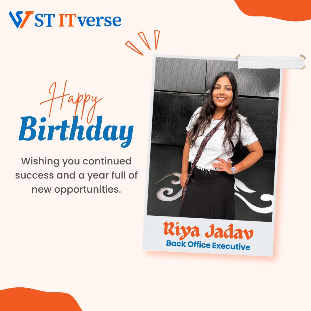 stitverse's tweet image. Celebrating Riya Jadav on her special day!

Wishing you a year filled with growth, success, and meaningful achievements ahead.

#HappyBirthday #TeamCelebration #ProfessionalGrowth #EmployeeAppreciation #SuccessJourney #WorkplaceCulture
