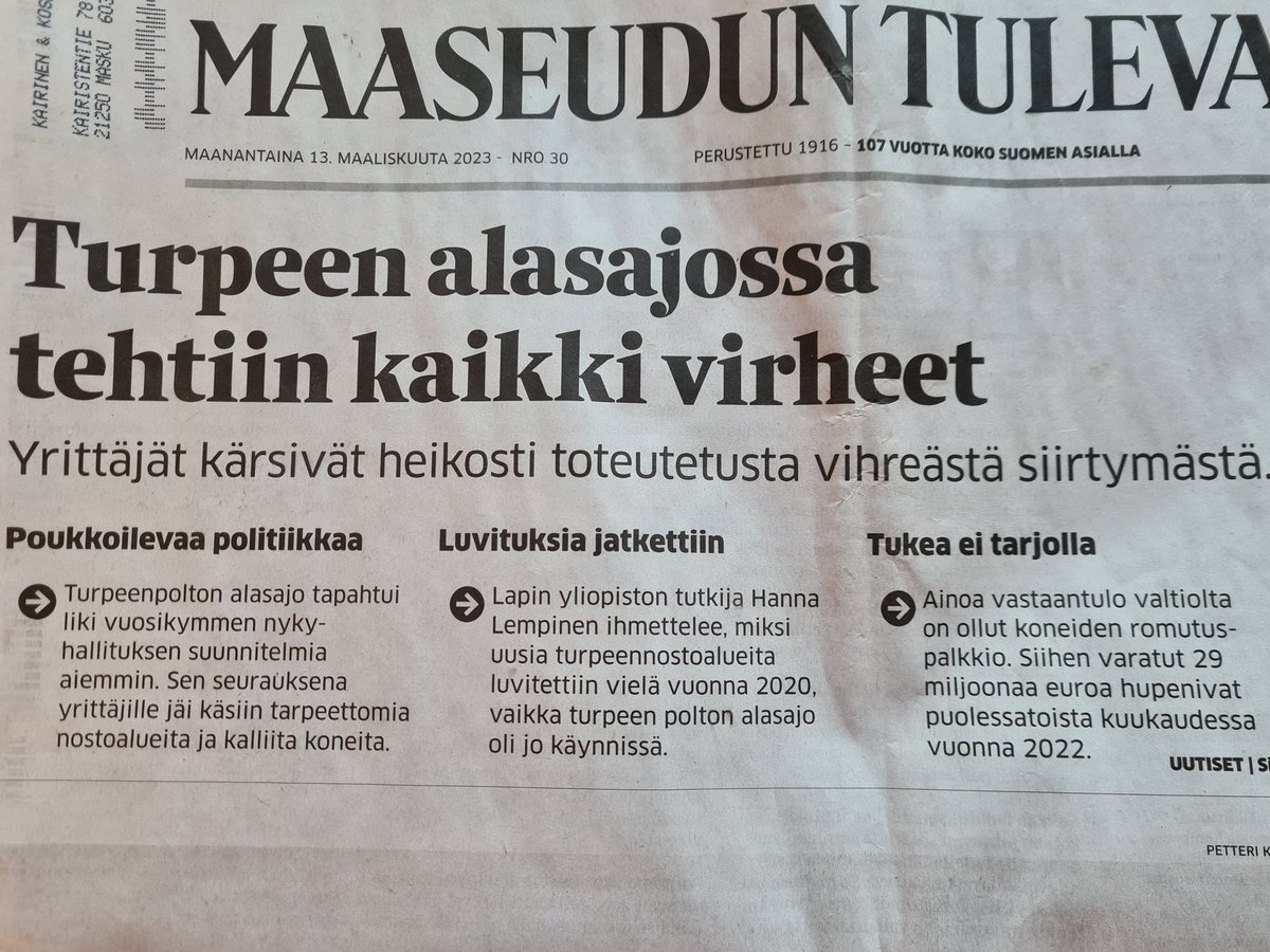 Kun Marinin hallitus aloitti 2019, turpeella tehtiin lähes viidesosa Suomen kaukolämmöstä, ja oheistuotteena tuli sähköä.

Sitten Marinin hallitus päätti lopettaa turpeen tuotannon "yön yli: se oli katastrofi.