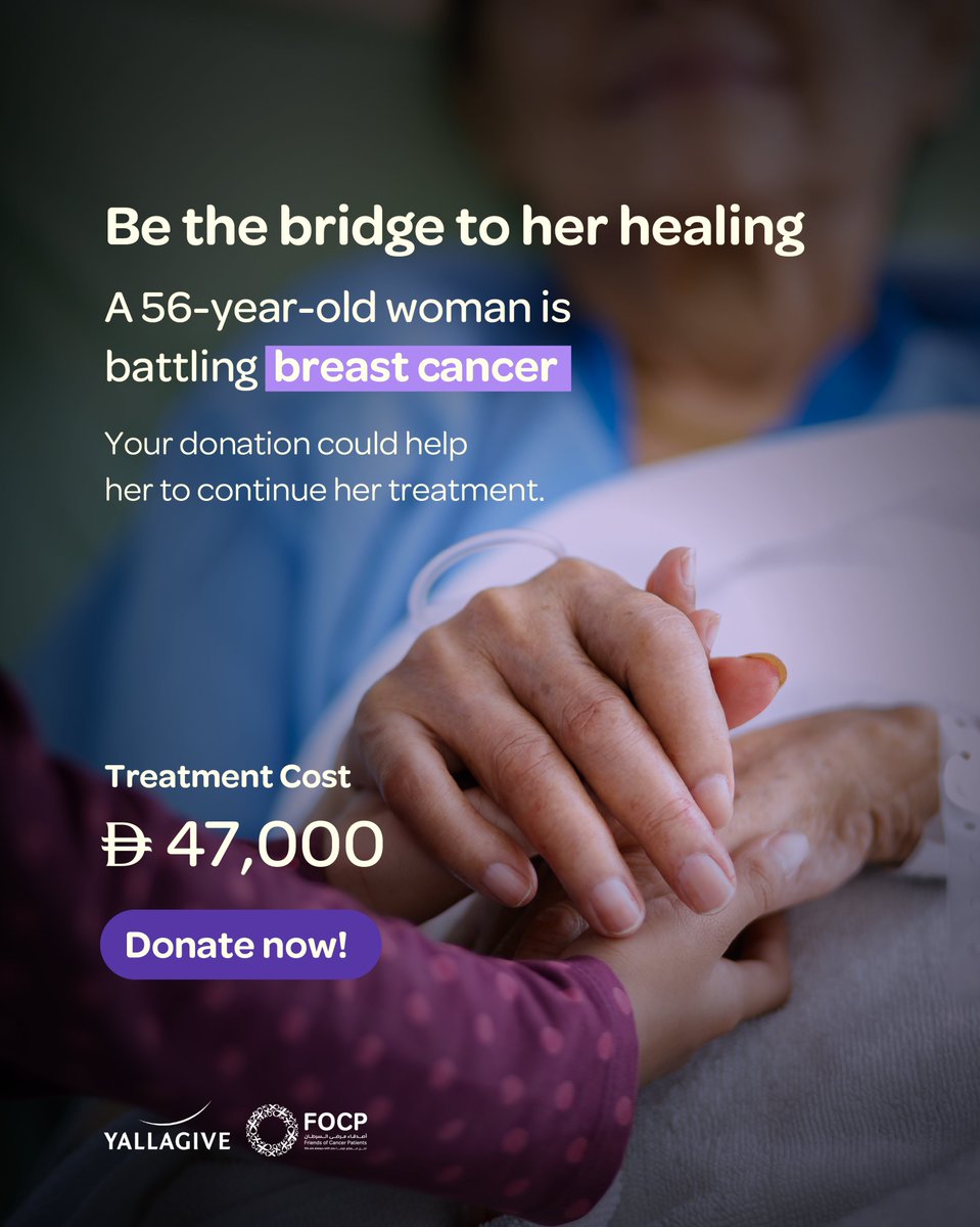 focpuae's tweet photo. Be the bridge to her healing
A 56-year-old woman is battling breast cancer.
Your donation could help her to continue her treatment.
Treatment Cost: 47,000 AED
Donate now! https://t.co/KaAJtIR2Ob