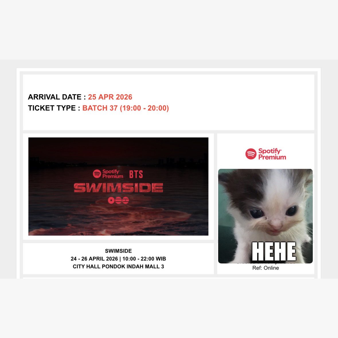 1998docx's tweet photo. WTT (WANT TO TRADE)
Spotify x BTS SWIMSIDE

Have : 1 tix
25 apr batch  37 (19:00 - 20:00)

Want : 1 tix
25 apr batch 45 (21:00 - 22:00)

#bts #wtt #spotify https://t.co/3TmwtmcA9X