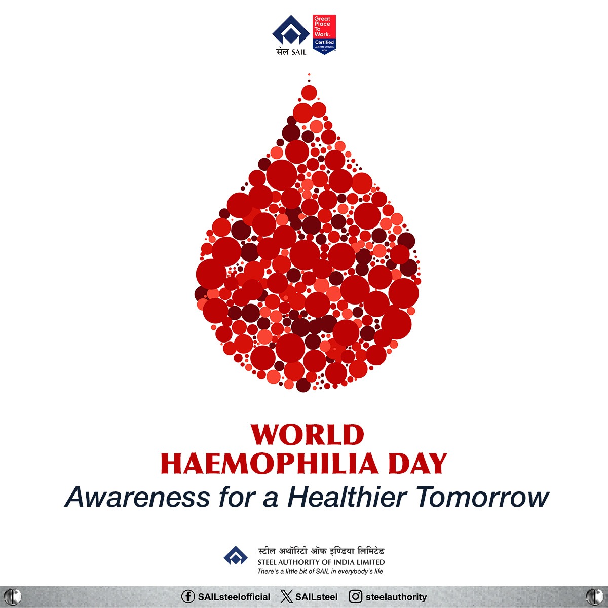 SAILsteel's tweet image. On World Haemophilia Day, let us come together to raise awareness about haemophilia and other bleeding disorders, and support those living with these conditions.

#WorldHaemophiliaDay #HealthAwareness #BleedingDisorders #Healthcare #AwarenessMatters #SAIL #SAILStee