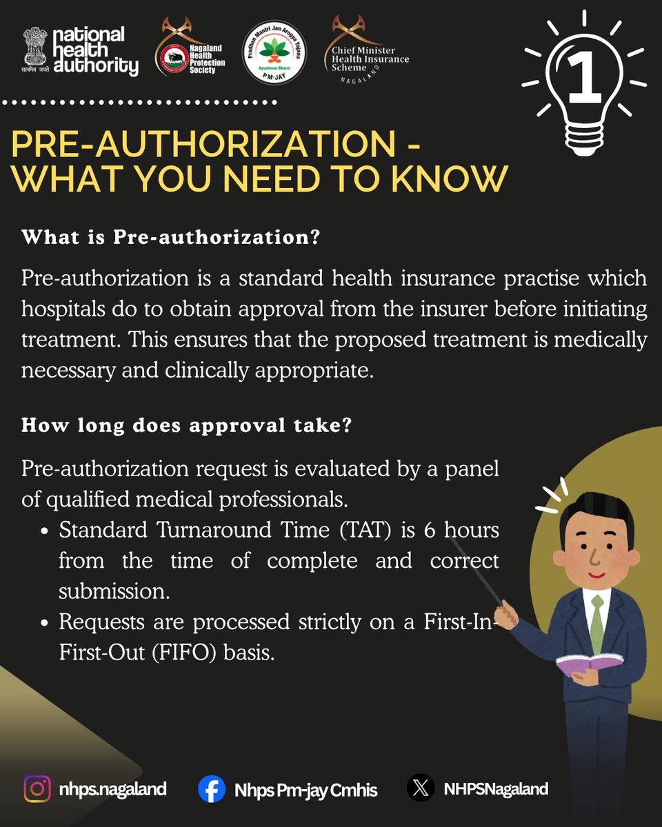 NHPSNagaland's tweet photo. Your quick guide to pre-authorization: What it is, Why it matters, and What you need to know. Check the post to stay informed and prepared #pmjay #cmhis #nagaland #healthinsurance #preauthorization https://t.co/AVJEmGL9ai