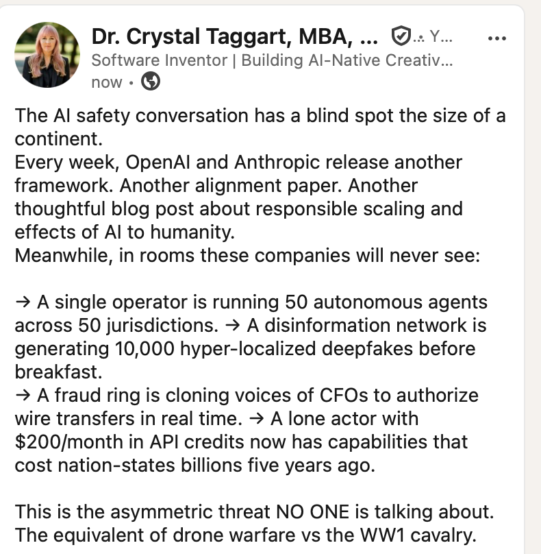 The AI "safety consultants" sell fear while the models patch the holes.

The REAL AI safety problem? 

Solo operators with $200/month in API credits now have capabilities that cost nation-states billions 5 years ago.

Drone warfare vs a WW1 cavalry. 
linkedin.com/posts/crystalt…