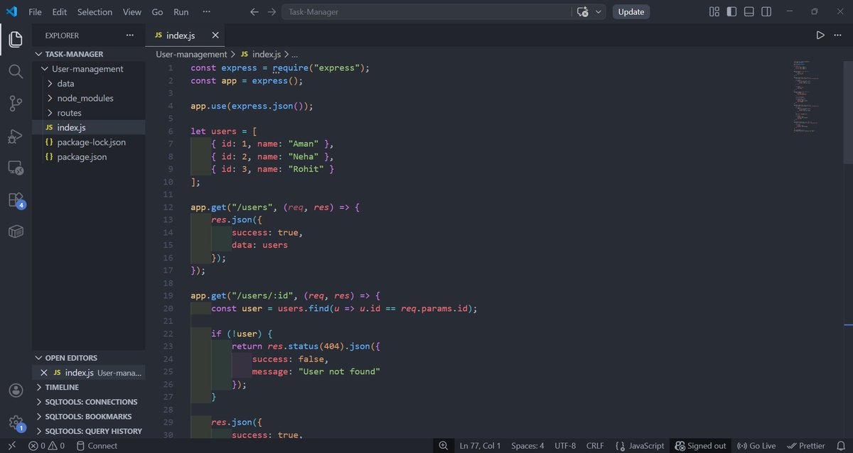 MalhotraSa6586's tweet image. Built a User Management REST API using Node.js and Express.js 🚀
✔ CRUD operations 
✔ RESTful API structure
✔ Proper status codes
✔ JSON responses
✔ Tested using Postman
Learning backend development step by step 💻
#NodeJS #ExpressJS #BackendDevelopment