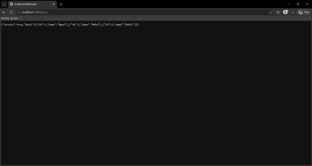 MalhotraSa6586's tweet image. Built a User Management REST API using Node.js and Express.js 🚀
✔ CRUD operations 
✔ RESTful API structure
✔ Proper status codes
✔ JSON responses
✔ Tested using Postman
Learning backend development step by step 💻
#NodeJS #ExpressJS #BackendDevelopment
