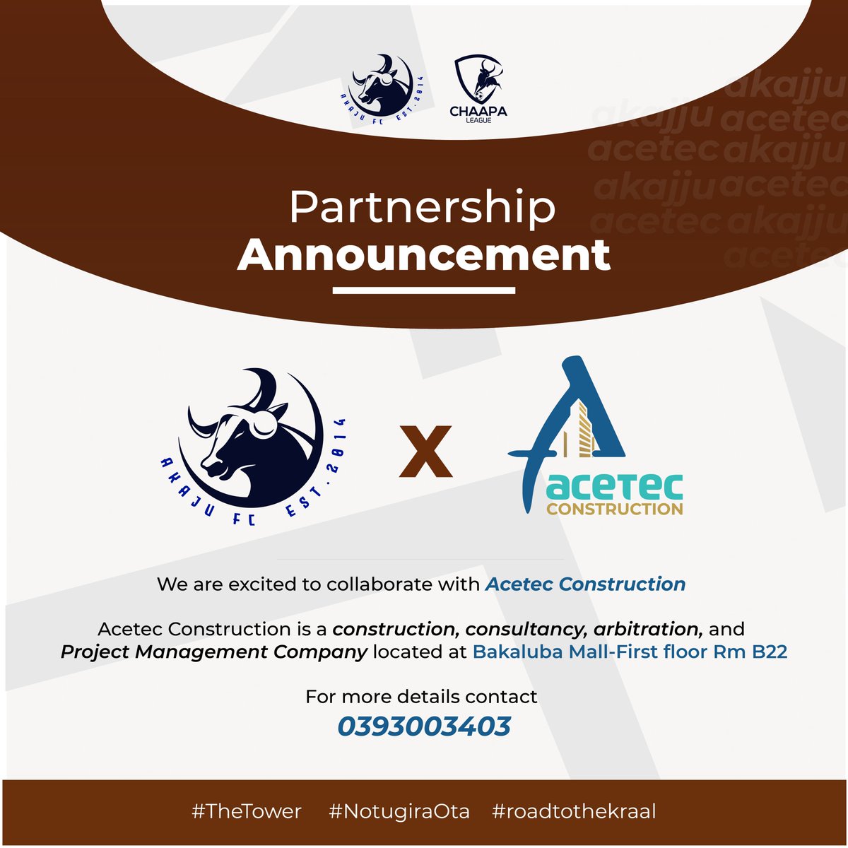 AkajjuFC14's tweet image. Big wins off pitch

We  are proud to welcome Acetec Construction as our sponsor.

This partnership is built on shared values of teamwork,excellence,and community growth.

Together,we are building a stronger future on and off the pitch.

#TheTower  #NotugiraOta #BackToTheKraal