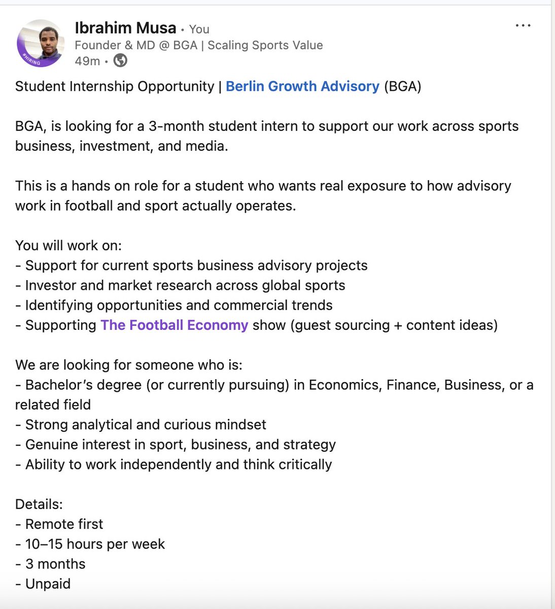 ibrahimxm's tweet image. Student Internship Opportunity | @berlingrowthad  

BGA, is looking for a 3-month student intern to support our work across sports business, investment, and media.

Application page: LinkedIn

#Sports #Internship #Sportsbusiness #Football