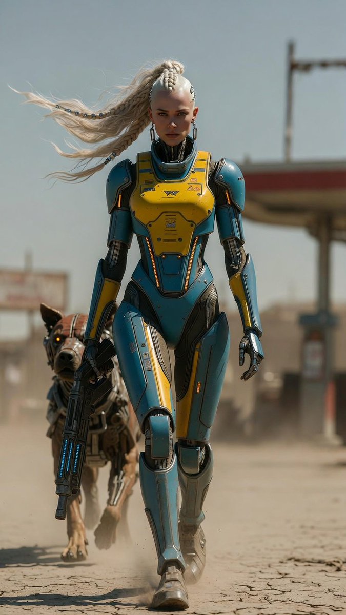 Dustfinger2077's tweet photo. ✨ Prompt Share✨Fallout Friday ✨(Grok Speed -Quality)
(Tweak this prompt, create something unique, and share your version with us)
Photorealistic full-body front view, head-to-toe fully visible, feet clearly in frame. Tall elegant athletic cybernetic woman, intense gaze looking directly at viewer, dynamic walking pose. Refined human face, pale skin, sharp jawline, defined cheekbones. Shaved side undercut with long thick structured platinum blonde braid flowing in the wind, small silver beads woven into braid, minimal futuristic metallic geometric earrings. Advanced cybernetic head implant on shaved side of scalp, sleek minimal design with subtle glowing elements. Wearing sleek layered biomechanical armor in matte blue and bright yellow, fully enclosed suit with continuous plating from neck to feet. Anatomy-following segmented panels, curved interlocking plates, seamless transitions. Smooth metallic plates with slight wear, chipped paint edges, precise panel lines, integrated chrome joints. Fallout-style stenciled markings, serial numbers, warning labels, technical insignia. Subtle orange-amber LED accents along seams. Holding futuristic energy rifle with glowing blue core and metal body. mecha-style, large rustic cybernetic dog with glowing eyes made from scrap metal, bulky industrial build, walking alongside her. Integrated armored boots, feet firmly grounded and fully visible, stepping on cracked dusty terrain, kicking up dust, dirt in seams. Wide shot, full figure centered, ground clearly visible beneath feet, no cropping. Background: Red Rocket gas station in Fallout wasteland, cracked desert ground, ruins, billboard, heat haze. Lighting: harsh warm sunlight, high contrast, dust in air. Dry matte terrain with detailed ground texture, footprints and dust displacement, no reflections.