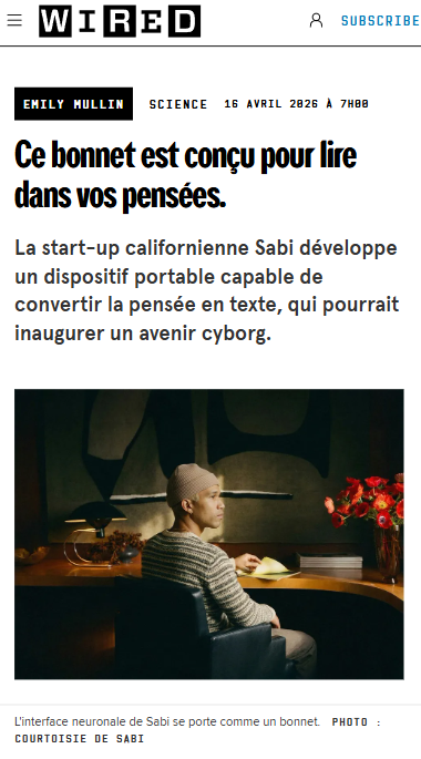 vision_ia's tweet photo. 🧠 "Ce bonnet est conçu pour lire vos pensées".

Sabi dévoile "Sabi Cap" : un simple bonnet, 70 à 100 000 capteurs à l'intérieur, qui lit tes pensées.

Pas d'implant. Pas de chirurgien. Tu l'enfiles, tu contrôles.

Le premier BCI grand public de l'histoire — backé par Khosla, Accel et Kevin Weil (OpenAI).

Neuralink vient de prendre un coup de vieux. 🧵
