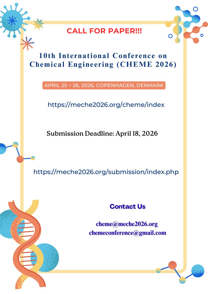 ChemeConfe35295's tweet photo. Contact Us: cheme@meche2026.org or chemeconference@gmail.com https://t.co/L2R6YIiLU6