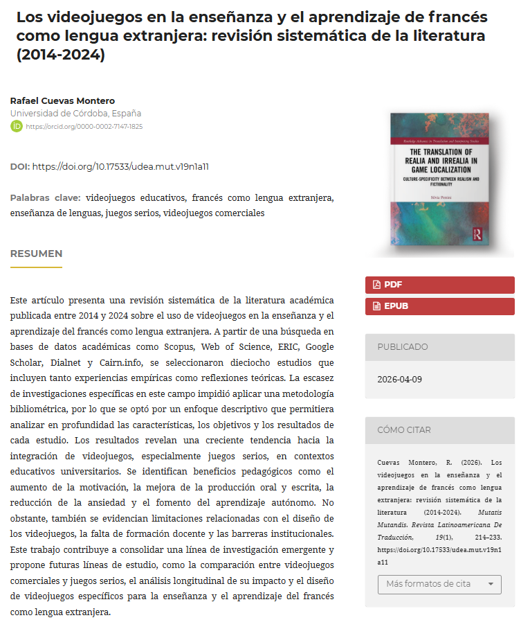 raafacu's tweet photo. 📢Nuevo artículo publicado en Mutatis Mutandis (Q2)

En este trabajo analizo, mediante una revisión sistemática, el uso de videojuegos en la enseñanza del francés como lengua extranjera, una línea de investigación aún poco tratada en FLE.

@tradiesuco 

🔗 https://t.co/ubSbct7fFQ https://t.co/c0qjOjIQ9d