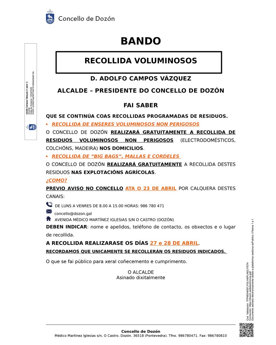 ConcellodeDozon's tweet photo. Nova recollida programada de residuos voluminosos non perigosos e agrícolas os días 27 e 28 de abril (é preciso avisar no concello antes do día 23). https://t.co/rtP1gVESTT