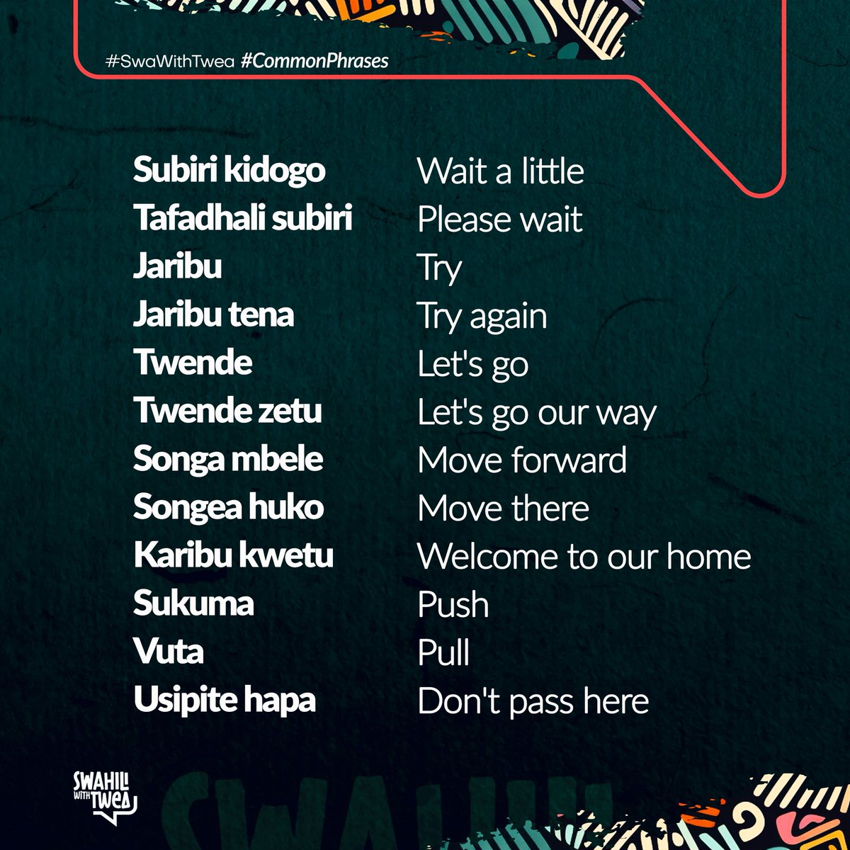 KiswahiliNaTwea's tweet photo. Hamjambo 
Expand your #Swahili diction 
#SwaWithTwea https://t.co/EpwwmY7za8