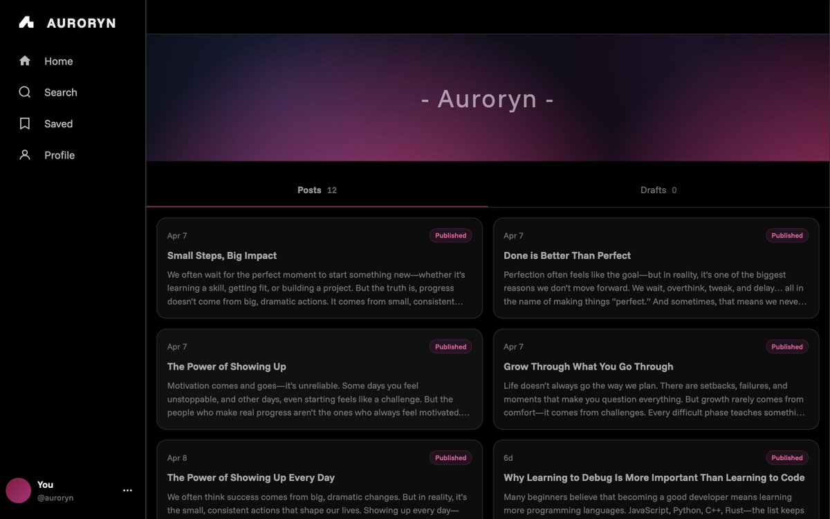Somya_Baran's tweet photo. I built Auroryn,
A blog website where users can write, publish, and view posts

Here I worked directly with CRUD operations

Although, It’s still not fully complete ...
but I’d love honest feedback on how it looks and feels
Open to suggestions 👀 https://t.co/Bhy7RpdQXA