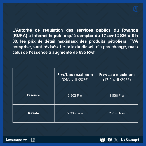 LeCanape2's tweet photo. L'Autorité de régulation des services publics du Rwanda (RURA) a informé le public qu'à compter du 17 avril 2026 à 6 h 00, les prix de détail maximaux des produits pétroliers, TVA comprise, sont révisés comme suit : https://t.co/37YWNUaszA