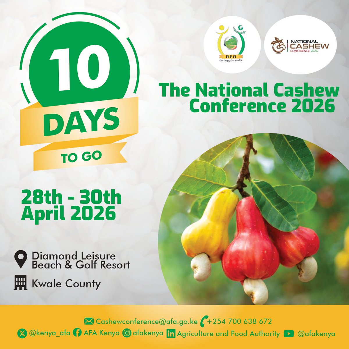 kenya_afa's tweet photo. In just 10 days, the National Cashew Conference 2026 will bring together key players across the value chain for great conversations, networking, and new opportunities in the cashew industry.

If you haven’t secured your spot yet this is the time. https://t.co/DkEaMKzhjv