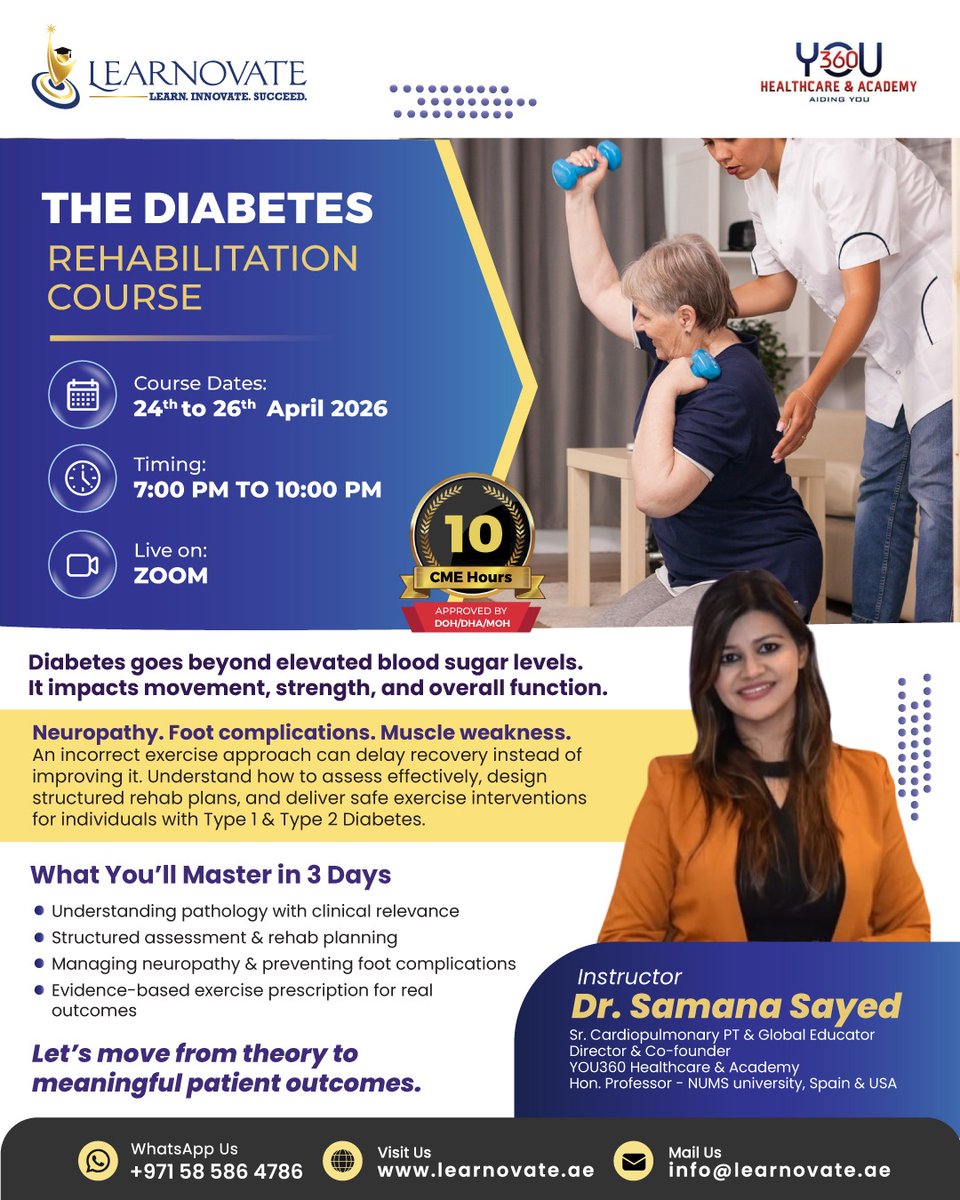 LearnovateHC's tweet image. Diabetes rehab isn’t just about glucose levels.
It’s about restoring movement, strength &amp;amp; function.

📅 24–26 April | 💻 Live on Zoom

👉 Register now at learnovate.ae

#diabetesrehab #physiotherapy #rehabilitation #medicaleducation #cme #clinicalskills #healthcare