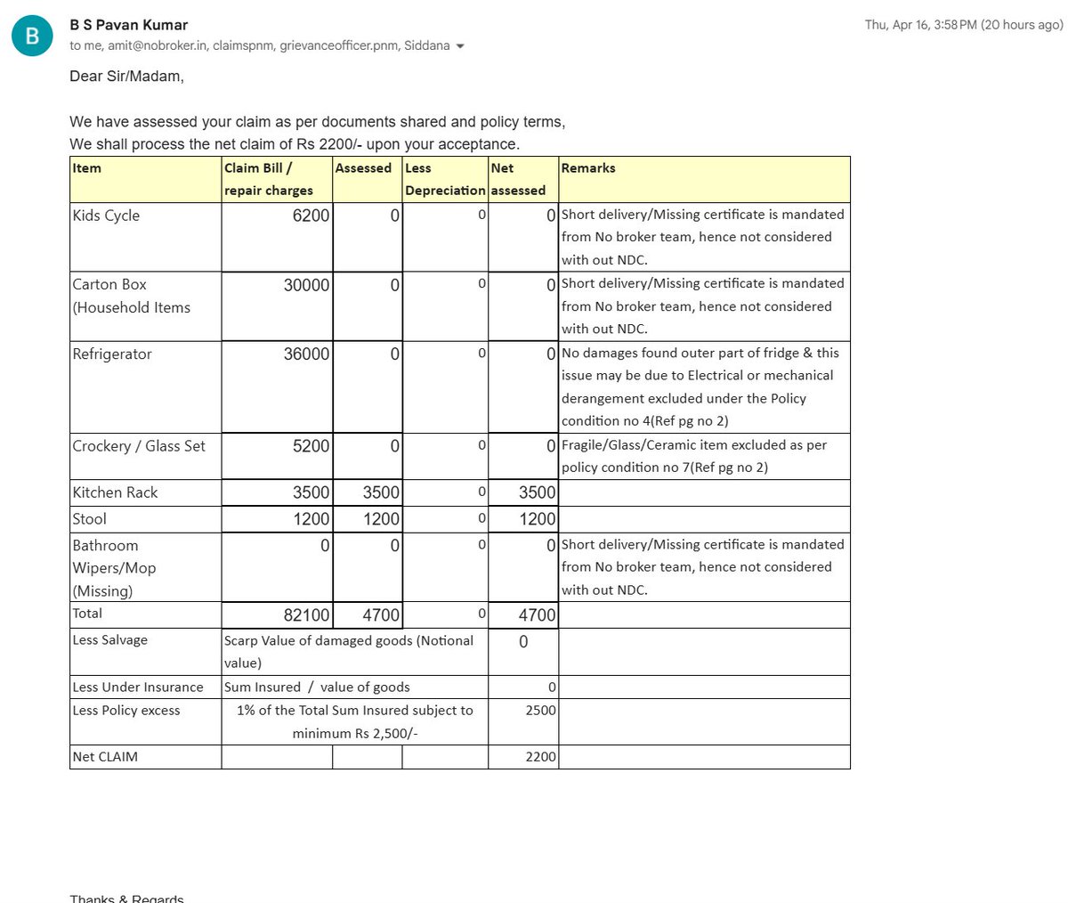 tush_1's tweet photo. To anyone booking NoBroker P&M: don’t assume the bundled IFFCO Tokio transit insurance guarantees fair compensation. In my case (Claim 1-7S59MB1V), claim ₹82,100 was assessed at ₹2,200. Requesting a reasoned reassessment with policy clause mapping. If not resolved, escalating via IRDAI Bima Bharosa & Insurance Ombudsman. 

@nobrokercom @NoBrokerCare @IFFCO__TOKIO @IFFCO_PR