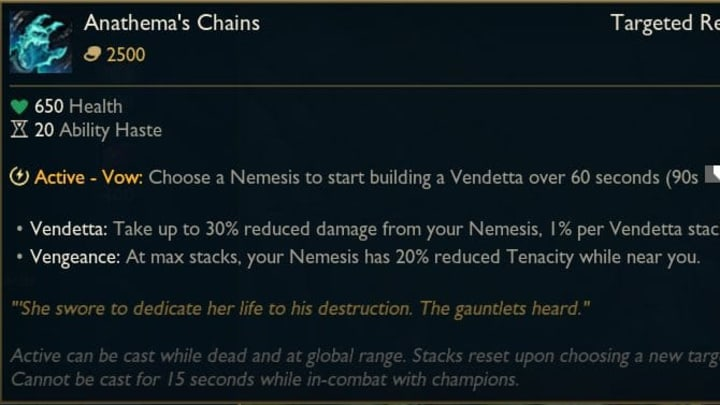 impuuuu's tweet photo. i designed Anathema's Chains, the first piece of gameplay i shipped as a designer: sorry ADCs!

fun fact: this is @ApolloPrice's favorite item (or was it least favorite item?) https://t.co/XnGCvNBqdv