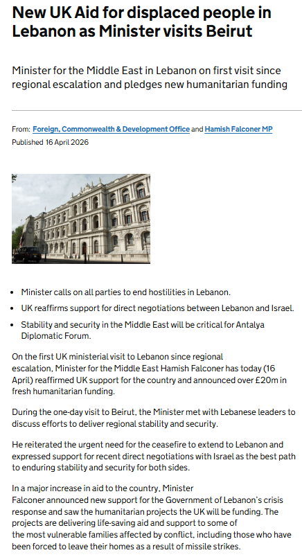 Foreign minister Hamish Falconer visited Lebanon yesterday and announced an increase in UK aid, but said nothing about his government's secret military agreement with the country bombarding it.