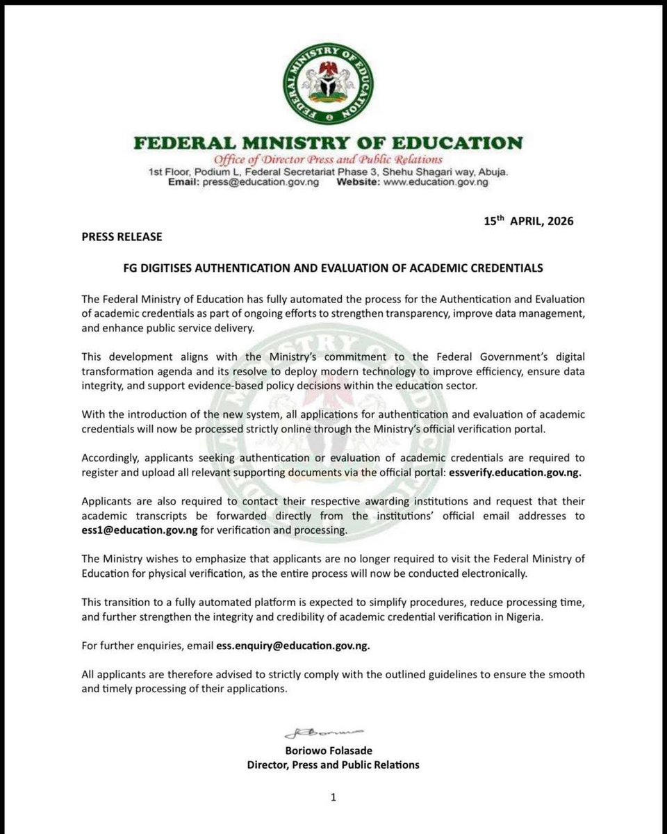 OnTheSpotTrends's tweet photo. FG begins digital authentication and evaluation of academic credentials. https://t.co/HacAWEcLY1