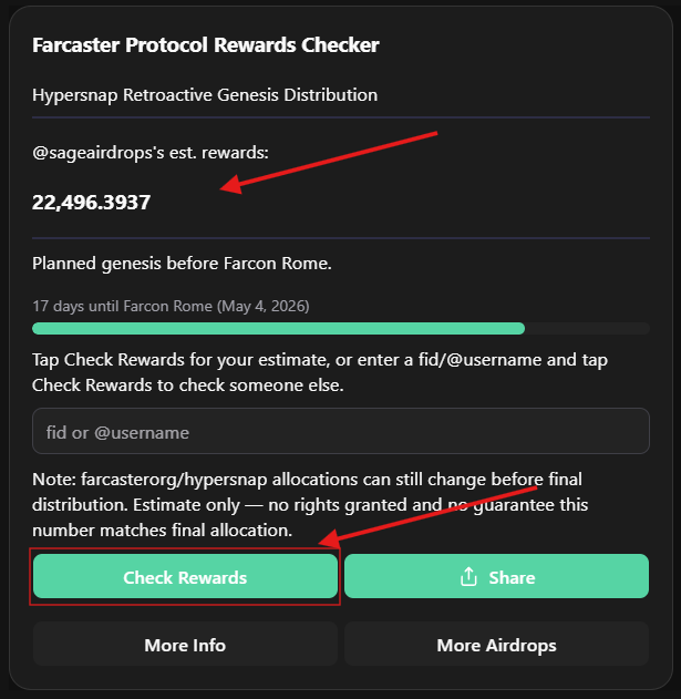 📢<a href="/farcaster_xyz/">Farcaster</a> Users : Check Hypersnap Retroactive Genesis Distribution Drop

✦ Total supply - 2B
✦ Retro Airdrop 10% - 200M

🔗 Check your Allocation : farcaster.xyz/sageairdrops/0…

▸ Visit Link and Click on Check Rewards 

Note : Ye Farcaster ka airdrop nhi hai ok