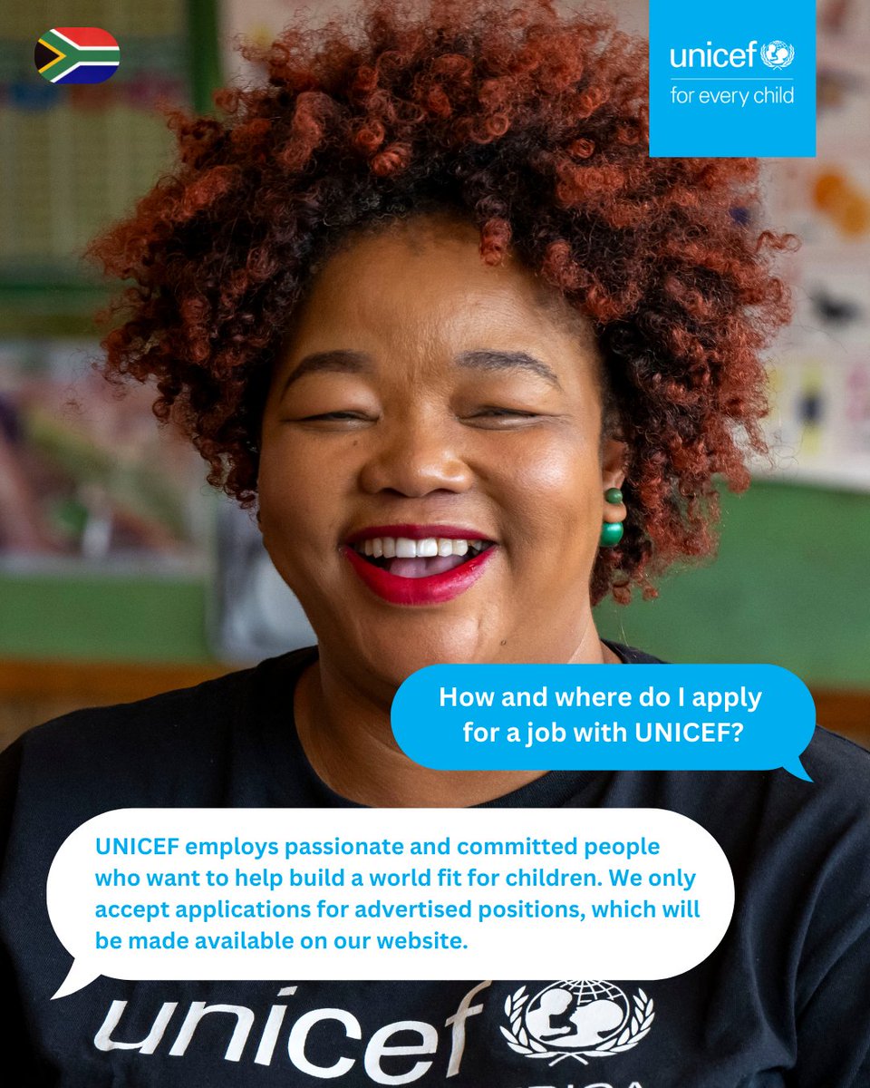 Across the world and in South Africa, thousands of UNICEF staff dedicate their time and passion to advocating for children's rights.​

Want to know how and where to apply for vacancies when available? Visit this link: unicef.org/southafrica/wo…